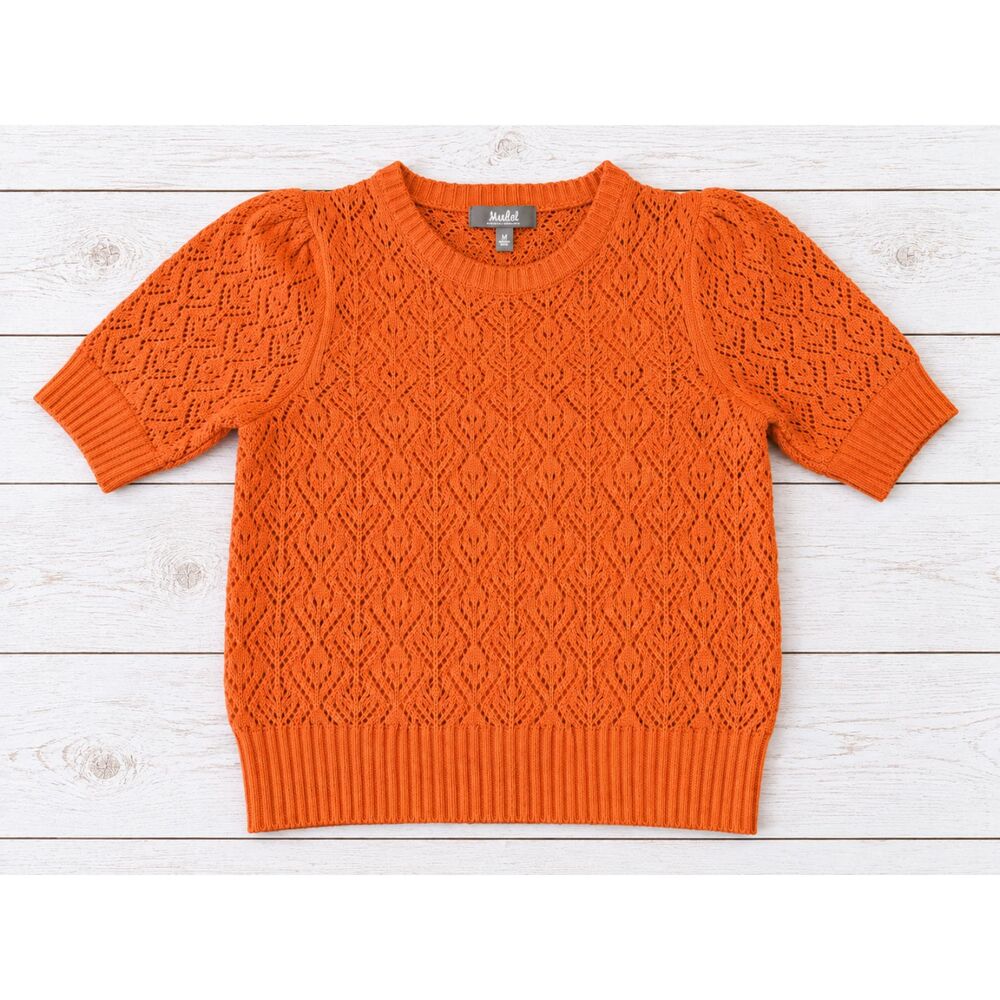 Maxled Open Knit Pointelle Puff Sleeve Orange Sweater Cottagecore Size M -4843